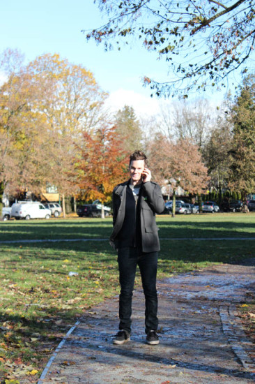 Todd doing phone interview for Global Chorus, city park in Vancouver, BC, Nov, 2014